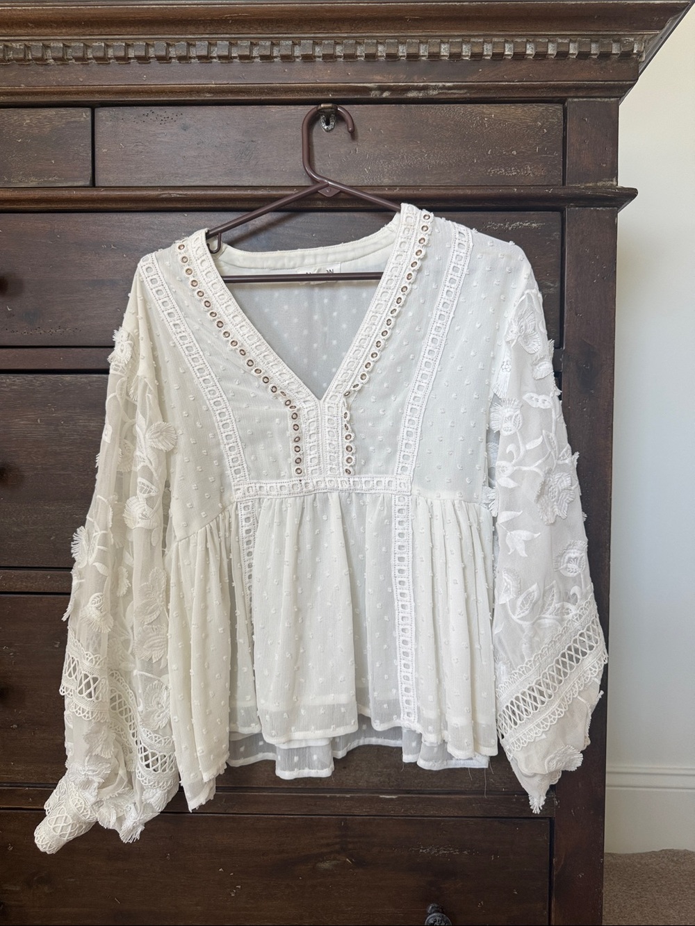 White Embroidered V-Neck Blouse
